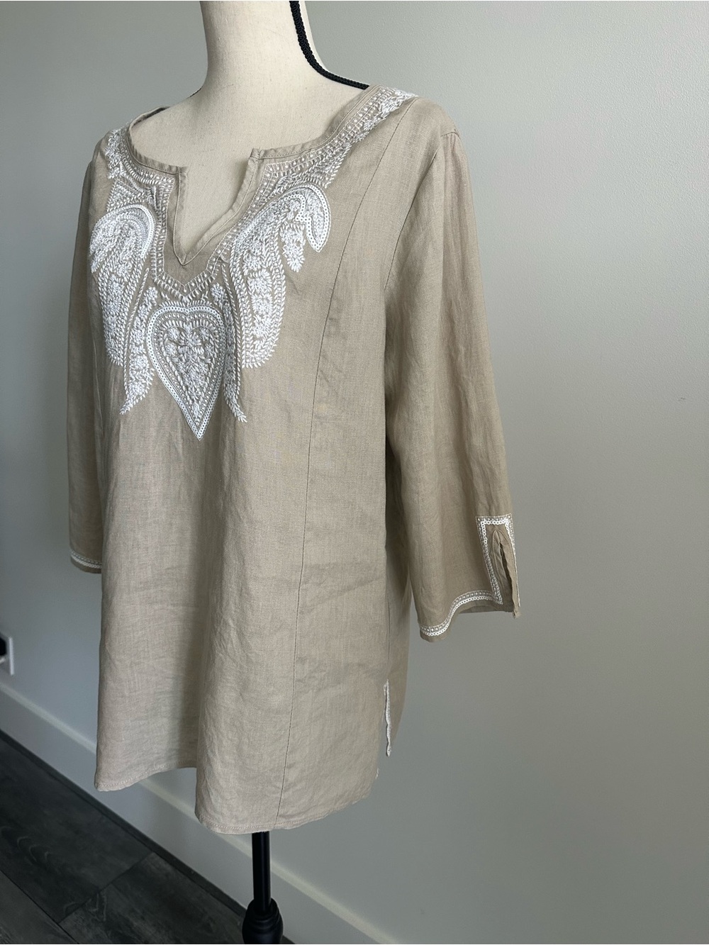 Symple NYC 100% Linen Embroidered Tunic Top Beige Flax White Boho 3/4 Sleeve - M